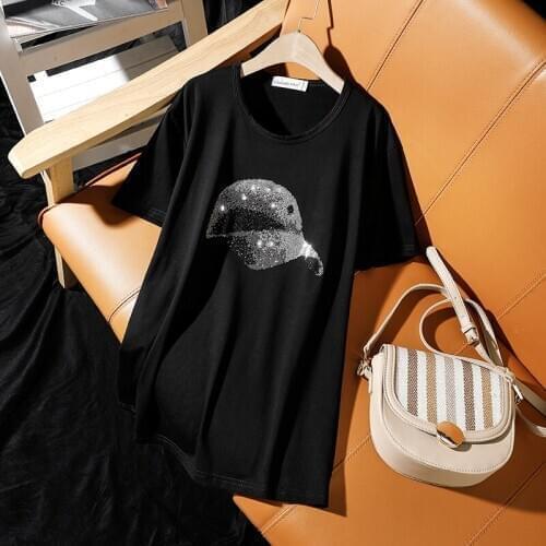 Summer Plus Size Clothing 2020 New Fashion Casual Loose Short-Sleeve T-Shirt For Women Personality Hat Hot Diamond Female Tops