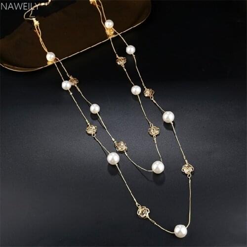 Statement Gold Chain Sweater Long Necklace Camellia Simulated Pearl Necklaces For Women New Fashion Jewelry Layered Necklace