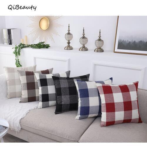 Geometric Checkered Pillowcase Linen Solid Color Lattice Cushion Cover Waist Pillow Car Home Decoration Decorative Pillowcase