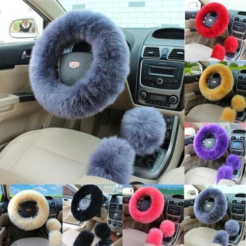 New Universal Soft Warm Long Wool Fuzzy Steering Wheel Cover Woolen Handbrake Car Accessory Sheep Fur Plush Protector Cover Kit