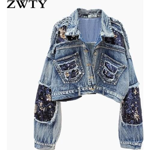 ZWTY New Women Denim Jacket Heavy Industry Sequin Patch Bat Sleeve Retro Frayed Denim Short Jacket Female 2021 Spring Autumn
