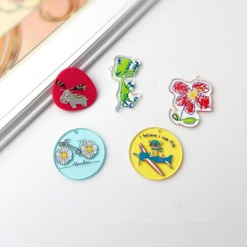 New arrived 30pcs/lot cartoon flowers/animals pattern print geoemtry rounds shape acrylic beads diy jewelry pendants accessory