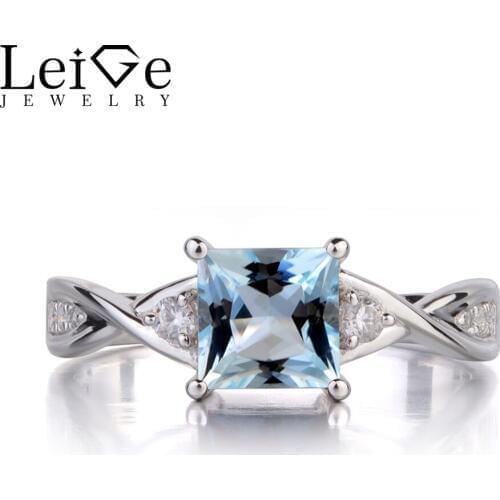 Leige Jewelry Princess Cut Aquamarine Engagement Rings for Women Sterling Silver 925 Fine Jewelry Blue Gemstone March Birthstone
