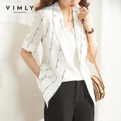 VIMLY Summer Blazer Coat For Women Elegant Notched Striped Jackets Short Sleeve Blazers Office Lady Suit Womens Clothes F8016