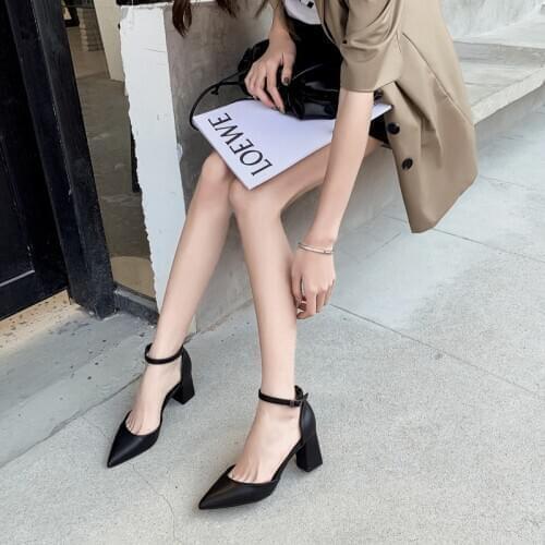 BaoYaFang 2020 Summer Leather Sandals Women Thick Heel Fashion shoes woman Ladies sandals ankle Strap Shoe Pointed Toe Buckle