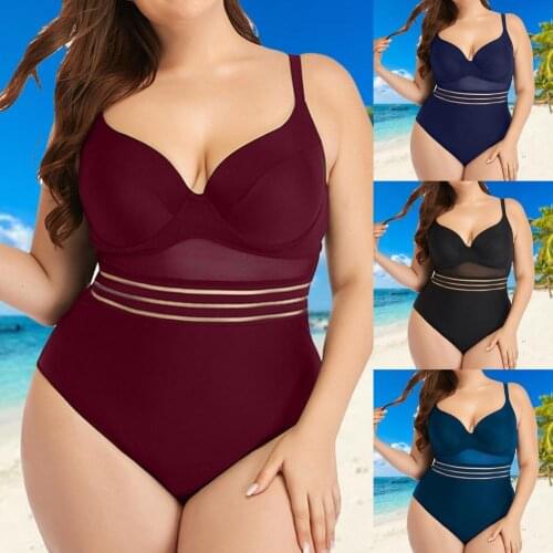 Sexy Plus Size Swimwear Push Up Solid Color One-piece Mesh Hollow Backless Women Swimsuit Beachwear Swimwear Bathing Suit 3XL