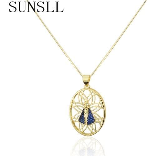 SUNSLL New gold necklace blue cubic zircon oval religion pendant necklace for women fashion jewelry copper necklace chain gifts