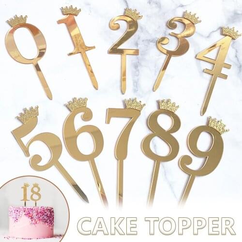 Number Cake Topper Gold Silver Crown Acrylic 0-9 Digital Birthday Party Cake Insert Cake Decoration Wedding Cakes Dessert Decor