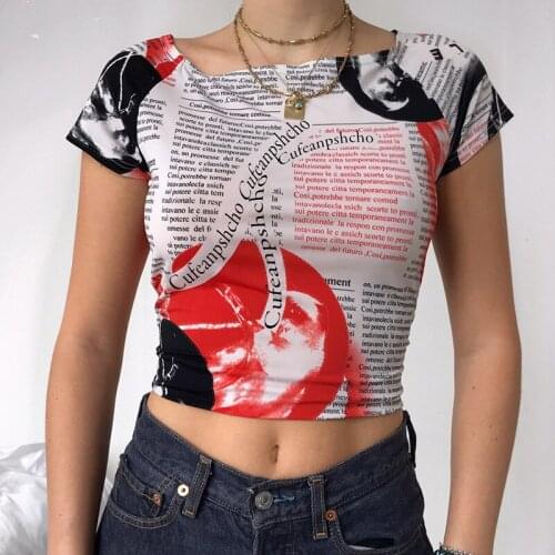 Vintage Letter Print Sexy Crop Tops Women Casual Short Sleeve Cotton Pullover Tees Summer Slim Streetwear T-shirt Woman 2021