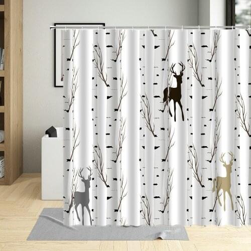 Animal Birch Tree Deer Birds Forest Wildlife Shower Curtain Waterproof Fabric Bathtub Decor Bathroom Curtains With Hooks Set