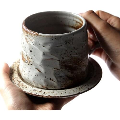 Japanese Handmade Pottery Coffee Cup with Saucer Set Retro Creative High Quality Teacup Ceramic Coffee Cup Office Drinkware