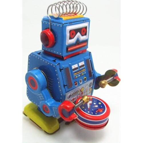 [Funny] Classic collection Retro Clockwork Wind up Metal Walking Tin band drummer robot toy Mechanical toys kids christmas gift