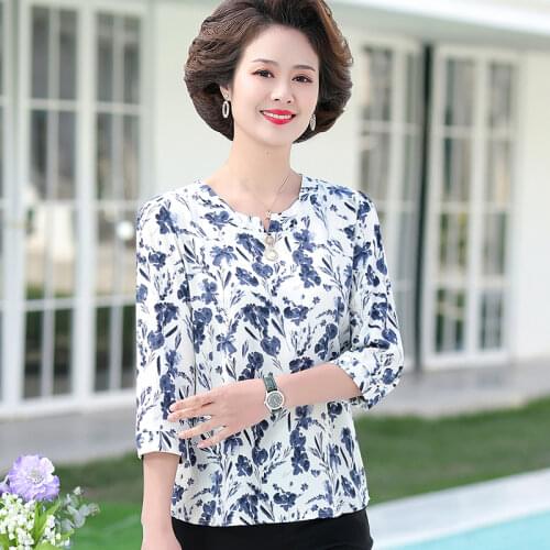 3/4 Sleeve T-Shirt Women 2021 Summer Clothes New Loose Plus Size 4XL Mother Fashion Chiffon Tops Print Tee Shirts Femme