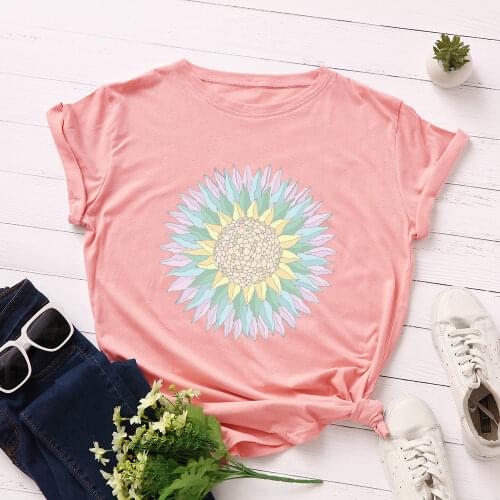 Women Short Sleeve Cotton T-Shirts Graphic Tees Summer Tee Tops for Female Casual Oversized Clothes Colorful Flower Print Top
