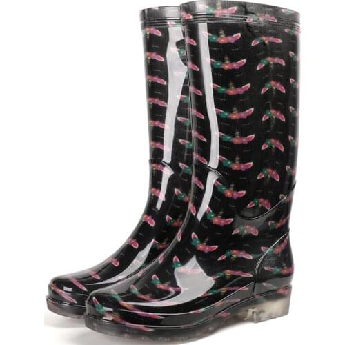 Womens Printed High Rainboots Waterproof Water Shoes Wellies Non-Slip PVC Rain Boots Woman