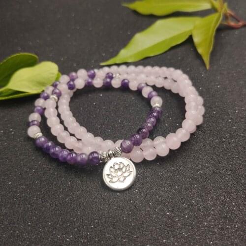 Hottest Woman Mala Necklace & bracelets For Women Rose Quartzs Amethysts Yoga Bracelet Mala Lotus 108 Beads Pink Bracelet