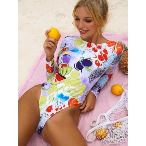 TYAKKVE Womens Swimwear Long Sleeve one Piece Swimsuit Athletic Rash Guard Fruit Printed Surfing Swimsuit Backless Bathing Suit