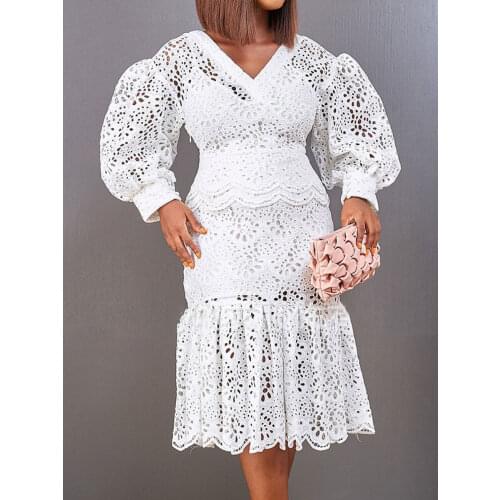 2021 Women Hollow Out Dress Retro Vintage Puff Sleeve Ruffle White Dress See Through Fashion Elegant Ladies Fall Party Wedding