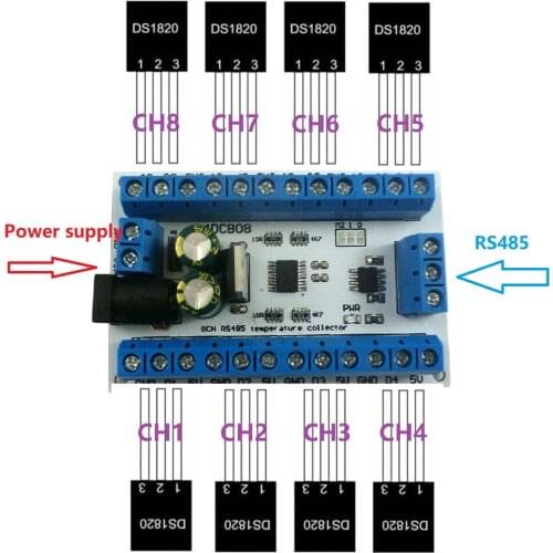 8CH DC 12V RS485 DS18B20 Temperature Sensor Temperature acquisition collector module for Paperless recorder PLC Configuration