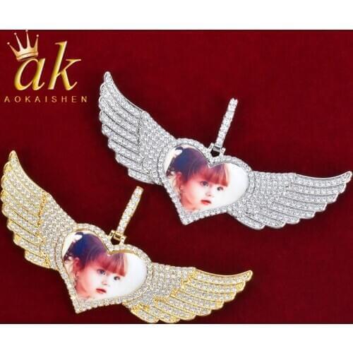 No Chain Custom Photo Medallion Necklace Heart Wing Pendant Hip Hop Jewelry Solid Back
