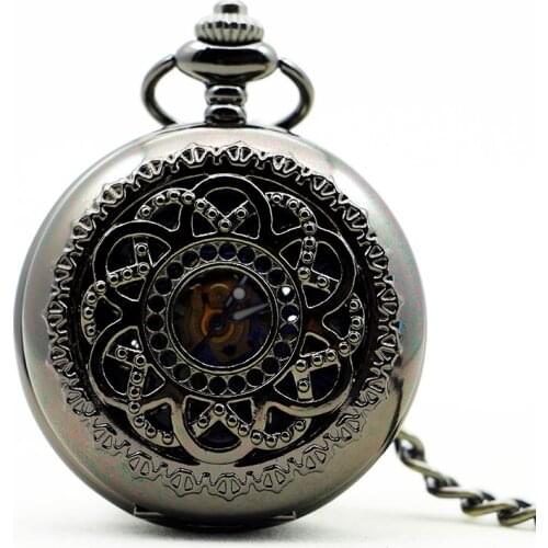 Black Hollow Vintage Mechanical Pocket Watch Men Skeleton Carving Steampunk Fob Hand Watch With Chain Necklace Women Men Gift