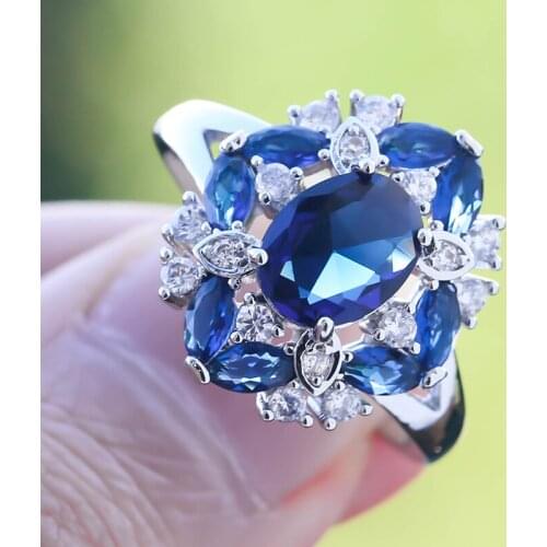 Exquisite Oval Blue Zirconia Wedding Rings For Women Charming With White Crystal Silver Rings For Female Wedding Band Gift