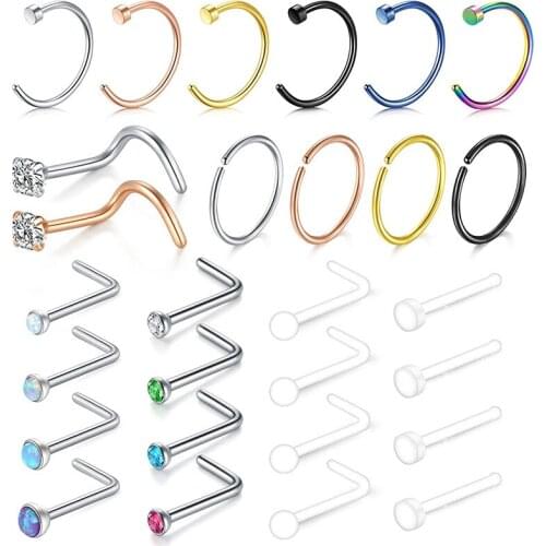22G 28pcs Stainless Steel Nose Rings Hoop Nose Studs Screw Rings Helix Cartilage Tragus Earrings Hoop Piercing for Women Men