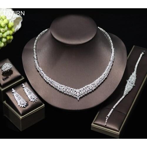 5A Level Cubic Zirconia Platinum Plated Jewelry Set Arabic Dubai CZ Necklace Earrings Bracelet and Ring 4Pcs for Women Wedding