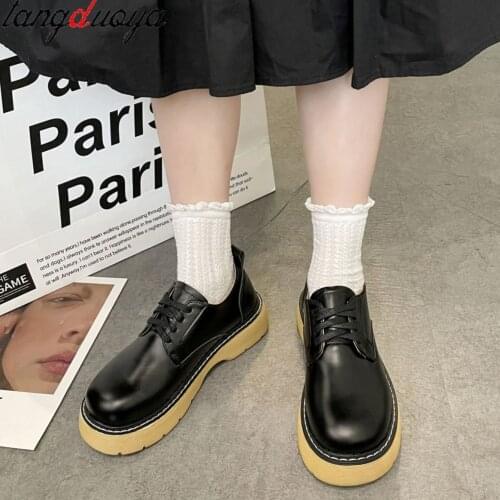 Japanned students Platform Vintage Shoes Woman Lace Up Round Toe Derby Shoes Big Toe beige lolita sneakers zapatos mujer 2021
