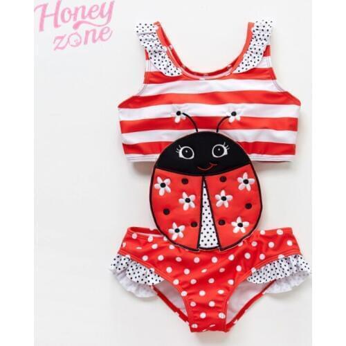 Newborn Baby Girls Bathing Suit Ladybug Embroidery Children Girls One Piece Patchwork Summer Girls Swimming Wear Banadore
