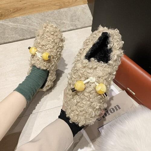 Winter Cotton shoes women curly sheep fur moccasins femme shearling ballerina double bead lambswool flats woman fur loafers 2021