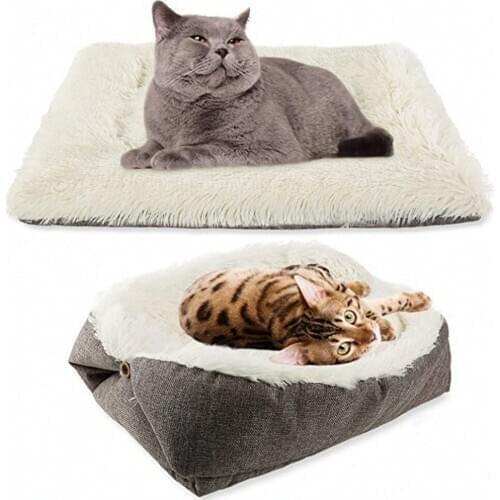 Soft Pet Bed 2 in 1 Cat Nest Sleeping Bag Long Plush Warm Cushion Kennel Deep Sleep Waterproof Winter Small Dog House Mat