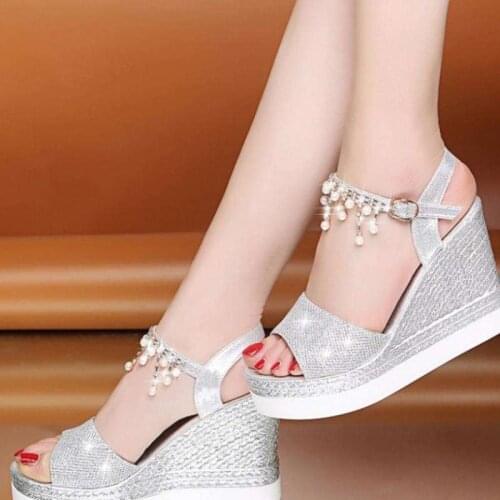 New Women Wedge Sandals Summer Bead Studded Detail Platform Sandals Buckle Strap Peep Toe Thick Bottom Casual Shoes Ladies