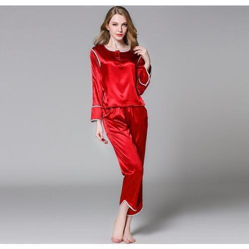 Solid Color Casual Home night suit Silk Satin Women Pajama Sets Spring Autumn Pajamas For Women Tops Shirt+Pants Pijamas