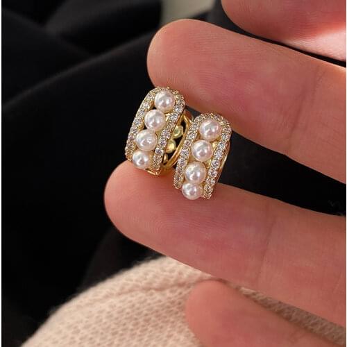 Origin Summer Korean Fashion C Shape Cubic Zircon Hoop Earring for Women Shining Rhinestone Simulation Pearl Earring Jewelry