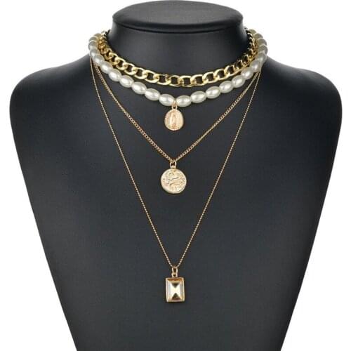Punk Multi Layered Shell Pearl Choker Necklace Collar Chain Neck Statement Coin Crystal Pendant Necklace Women Jewelry