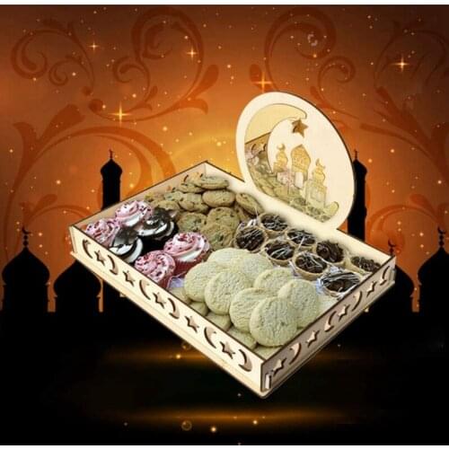 Ramadan Wooden Tableware Tray Artistic Eid Mubarak Party Serving Tray Moon Star Shape for Dessert Display Holder Decor