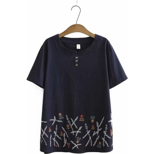 Plus Size White Red Womens Flower Embroidered Shirt Short Sleeve Summer Shirts Vintage Tops