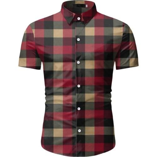 New Red Plaid Shirt Men Summer Brand Classic Short Sleeve Dress Shirt Casual Button Down Office Workwear Chemise Homme S-3XL