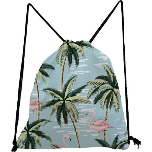 Coconut Tree Flamingo Print Backpack Pretty Fashion Drawstring Bags Unisex Portable Shoe Bag to School High Capacity Storage Bag