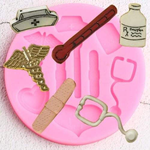Medical Themed Silicone Mold Nurse Hat Bottle Heart Stethoscope Candy Chocolate Mold Cupcake Topper Fondant Cake Decorating Tool