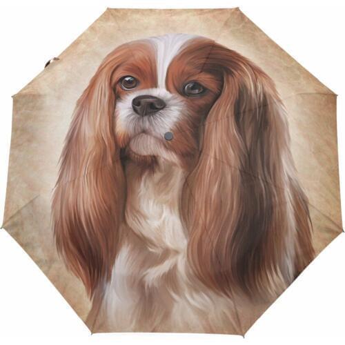 Three Folding Cute Womens Umbrella Cavalier King Charles Spaniel Dog Anti UV Black Coating Sun Female Beach Umbrellas