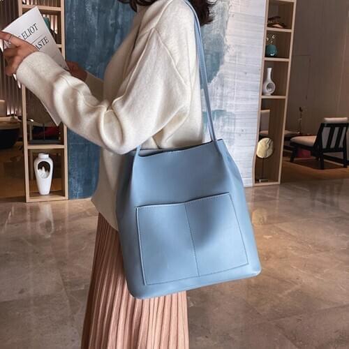 New Style Retro Woman Handbag Large Capacity Shoulder Bags PU Leather Designer Bucket Bags Solid Color Fashion Casusl Girl Bag