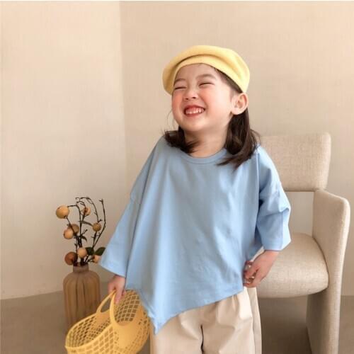 Spring Girls Irregular Long Sleeve T-shirt Korean style Boys Cotton O-Neck Loose Tee Tops Kids Clothing