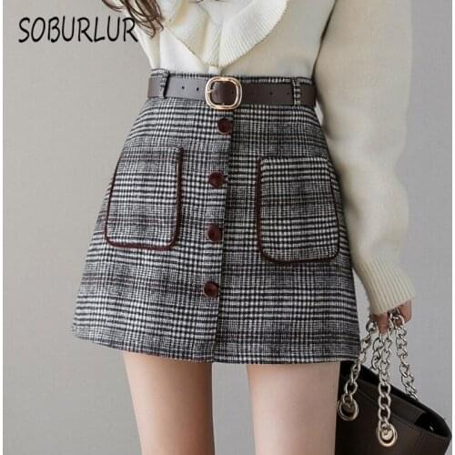 SOBURLUR 2021 Spring Autumn Hairy Wool yarn Womens Mini Skirts Female Clothing Vintage Preppy Style Girls Lady Korean Fashion