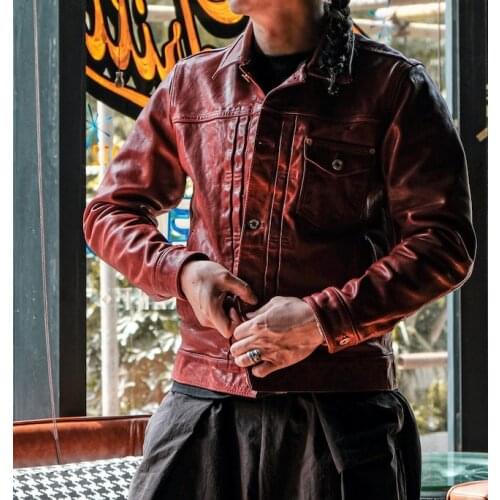 YR!Free shipping.brand new red classic 506 style genuine leather coat.Japan casual Luxury horsehide coat.men quality slim