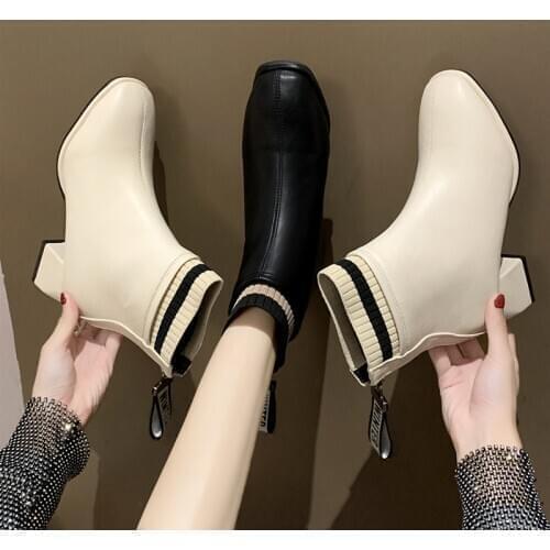WOMEN SHOES 2021 ICCLEK WINTER FASHION BLACK BEIGE CHELSEA BOOTS SQUARE HEEL SHORT PLUSH - LINER HOT SALES COMFORTABLE WARM