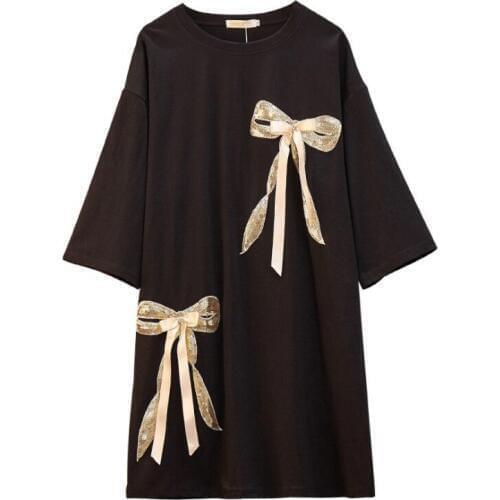 Ladies Summer Tees Tops Fashion Bow Decoration Cotton Tshirt Short Sleeve Korean Black ONeck Long T Shirt Women Clothing