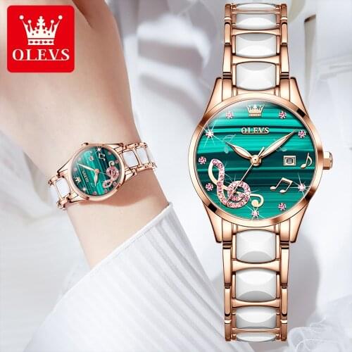 2021 Top Fashion Women Watches Green Dial Ceramics Watch Calendar waterproof Quartz clock Reloj Mujer Montre Femme Womens Watch