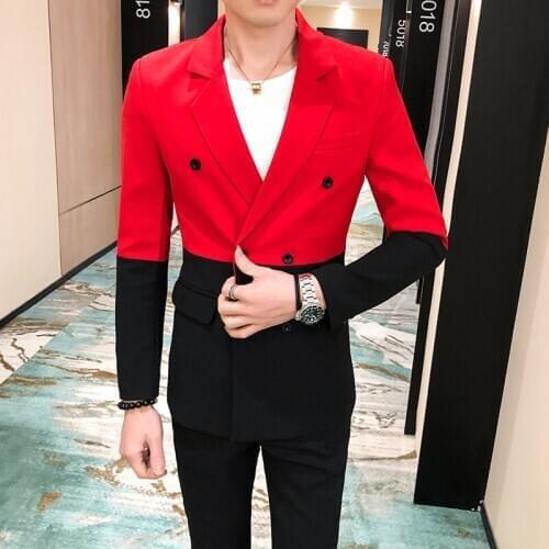 S-3XL Color Block Long Sleeve Formal Suit Jacket + Pants Two Pieces Set Streetwear Double Breasted 2 Piece Men Suit Slim Fit